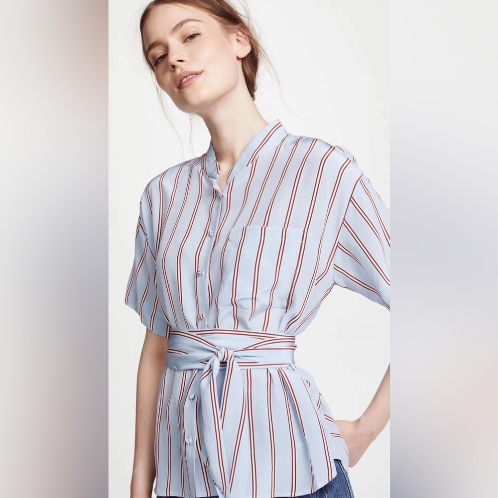 NWT Frame Denim Lounge Silk Stripe Top Blouse Blue Size XS